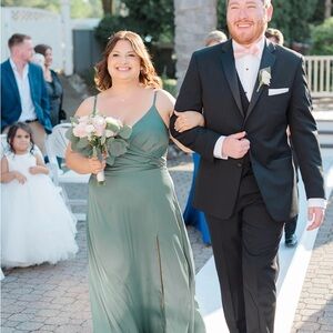 Azazie Eucalyptus A-Line V-Neck Pleated Stretch Satin Dress